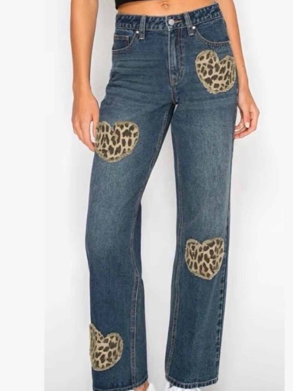 NWOT Cali 1850 Animal Print Heart Patch Straight Leg Jeans Junior’s Size 5 - Picture 3 of 16